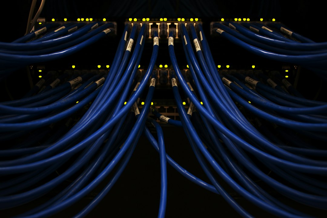 Cabos de rede azuis conectados em switches, com pequenas luzes de status, em ambiente escuro.